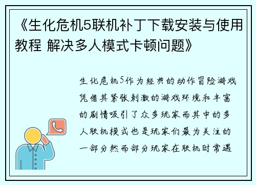 《生化危机5联机补丁下载安装与使用教程 解决多人模式卡顿问题》